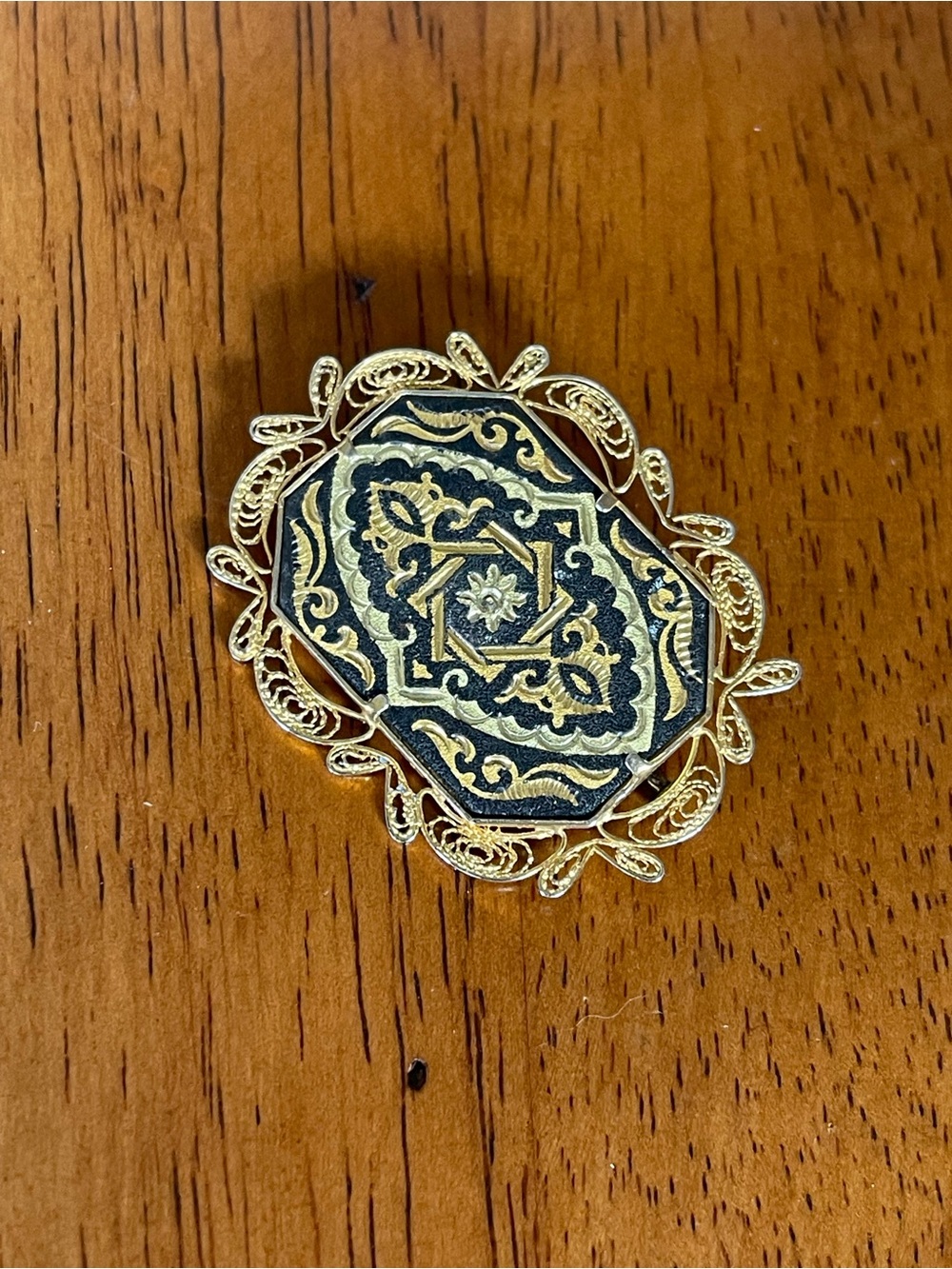 Gold and Black Filigree Spanish Damascene Brooch - Elegant Women's Accessory